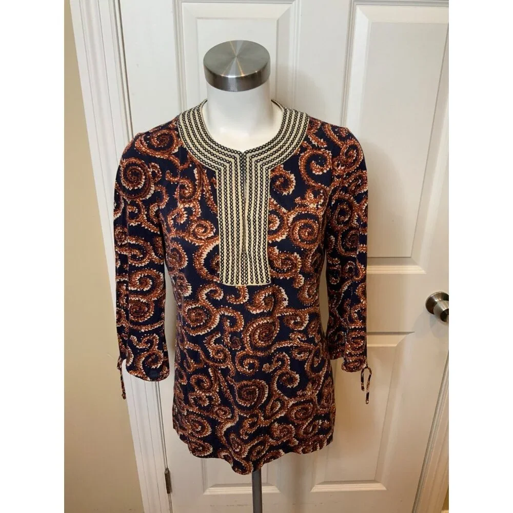 Tory Burch Blue Tunic Top W/ Brown Swirl Print, Size M